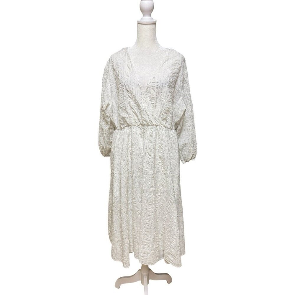 Nordstrom White Cotton Textured Dress XL Long Sleeve Midi